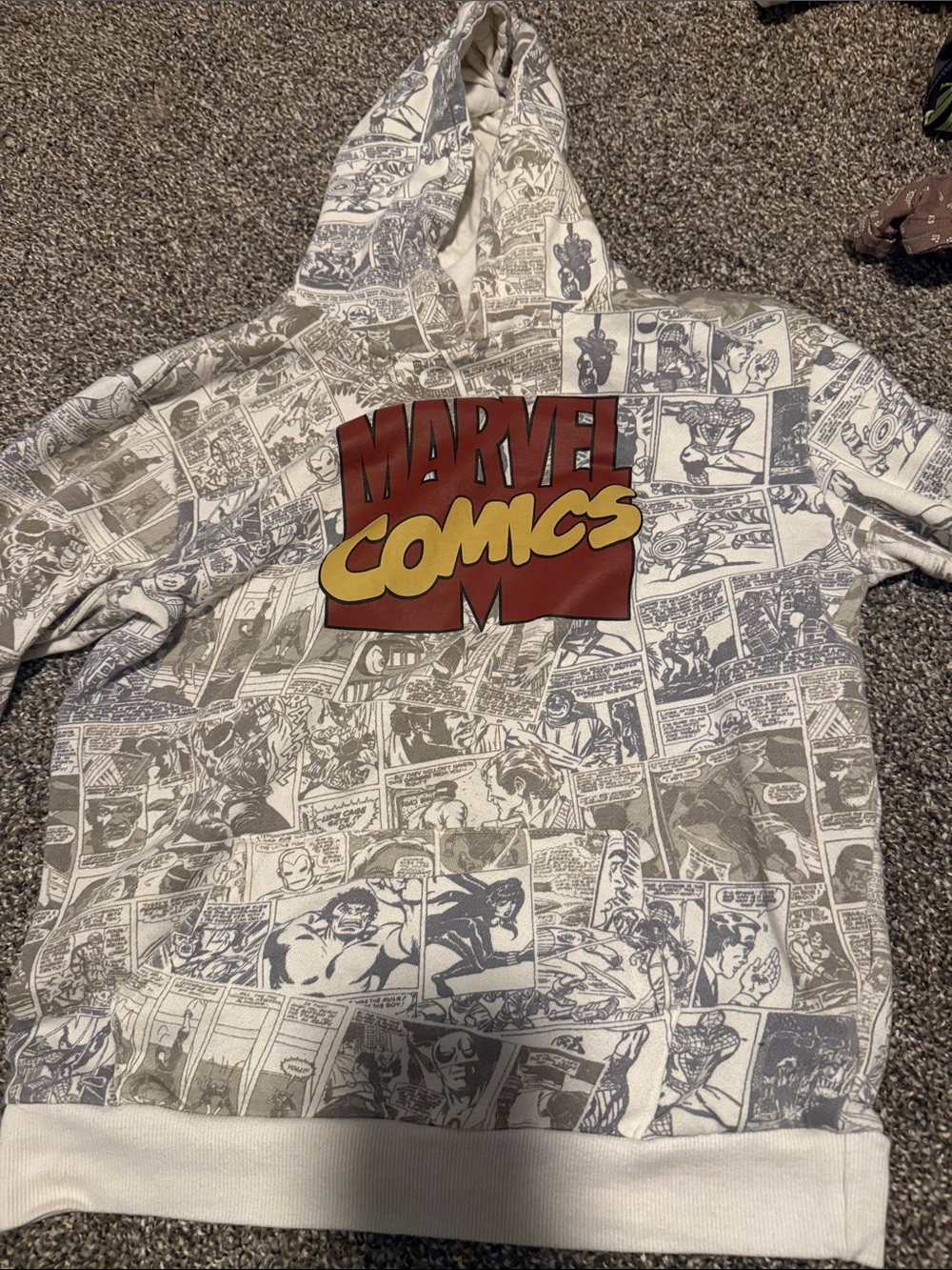 Marvel Hoodie with Red & Yellow Logo and Grayscale Comic Print